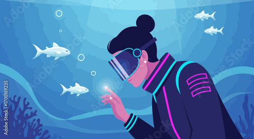 Illustration of a woman exploring a virtual underwater world using virtual reality headset
