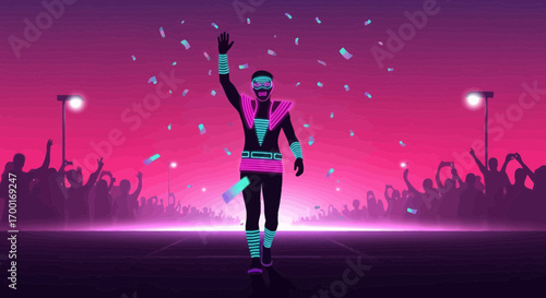 Futuristic performer greeted by fans in a vibrant neon cyberpunk style concert celebration