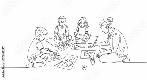 A continuous one line drawing of a teacher and three young children sitting on the floor, painting and drawing together.