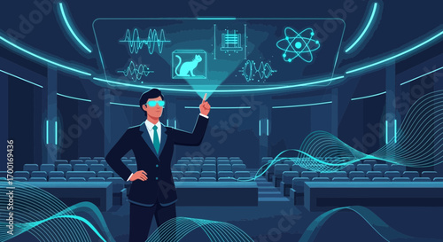 Futuristic presentation with holographic projection in a conference hall setting concept