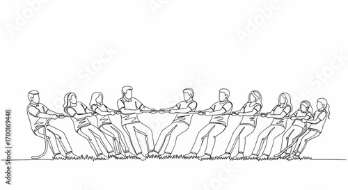 A group of people engaged in a tug-of-war competition, demonstrating teamwork and physical exertion.