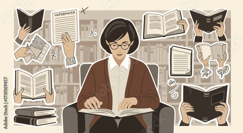 Illustration of a woman reading in a library surrounded by floating books and papers