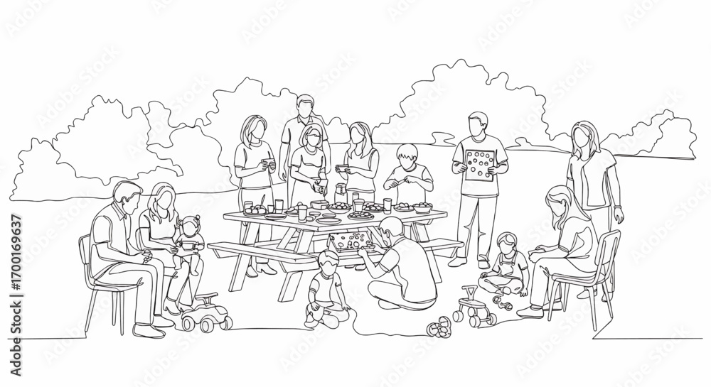 Obraz premium A large family or group of friends enjoying an outdoor picnic gathering in a park, with adults and children eating and socializing around a picnic table.
