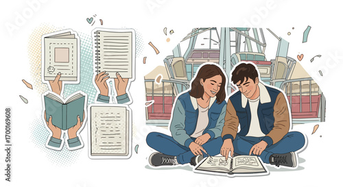 Illustration of a young couple studying together with study materials and a Ferris wheel backdrop