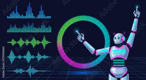 Futuristic Robot Controlling Soundwaves in a Digital Cyberpunk Environment Concept