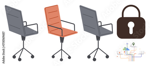 Three rolling office chairs, with one highlighted in orange, depict focused workplace security. Digital circuitry and a lock represent secure data, technology, privacy, teamwork, innovation