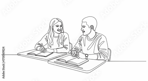 A continuous line drawing of two students, a boy and a girl, sitting at desks and talking to each other in a classroom.