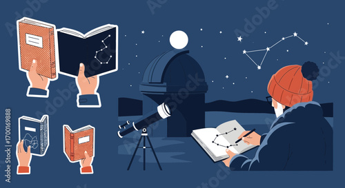 Illustration of an astronomer drawing constellations with telescope and observatory
