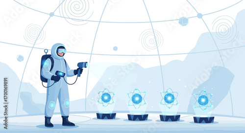Futuristic Scientist Inspecting Atomic Models in a High-Tech Research Facility Setting
