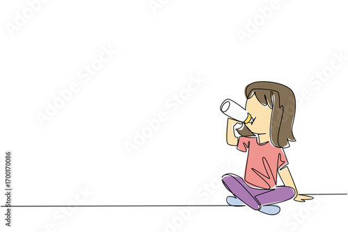 A girl drinking milk from a bottle in a sitting position, created in single line draw style for health concept design. Highlighting Infant Feeding Day, symbolizing child care, nutrition, and wellness