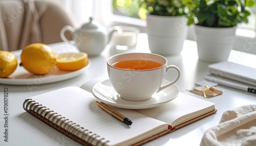 Serene tea break with lemon, notebook, and golden pen on a bright white table