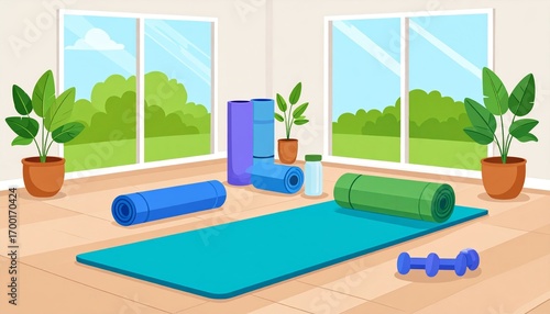 Bright Yoga Studio with Mat, Dumbbells, and Plants Near Windows