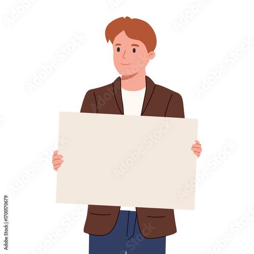 Office worker holding blank paper sheet. Male employee presenting abstract empty document, business information.