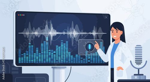 Illustration of female doctor analyzing audio data on a computer screen in a laboratory setting