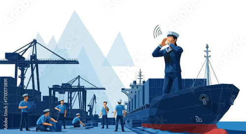 Illustration of naval officer commanding a cargo ship at a bustling port landscape
