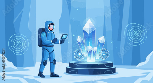 Astronaut exploring a crystal cave, documenting findings with futuristic tablet technology