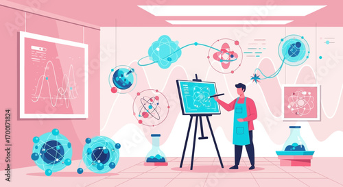 Illustration of a scientist creating scientific art in a museum or laboratory setting