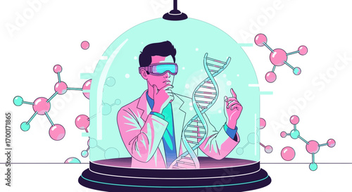 Illustration of a scientist in a lab coat using VR goggles examining DNA molecules in a dome