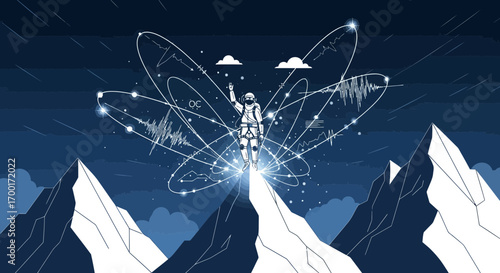 Astronaut conquering cosmic mountain peak with scientific data representation around him in blue