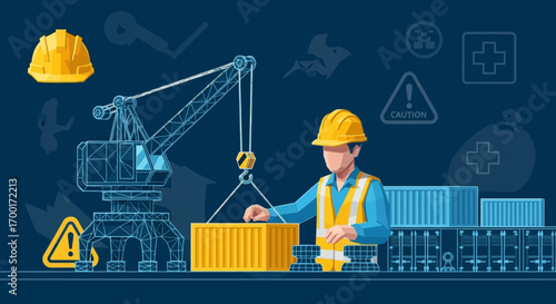 Illustration showcasing industrial worker operating crane with shipping containers and safety