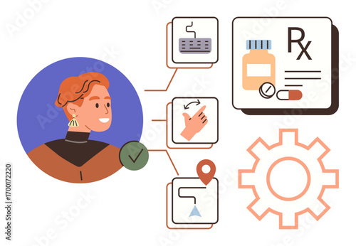 Person connects with digital tools featuring medicine, task progress icons, location marker, and settings gear. Ideal for healthcare, technology, task management, organization, pharmacy automation