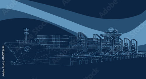 Blueprint Illustration of a Cargo Ship at a Port Terminal in Blue Tones