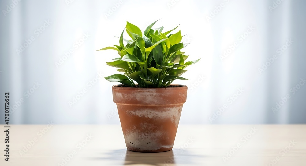 Fototapeta premium Vibrant Green Plant in Aged Terracotta Pot on Wooden Surface