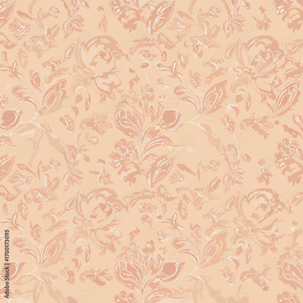 Obraz premium Delicate floral pattern with roses and leaves in soft peach tones, patern seamless, Stock royalty image.
