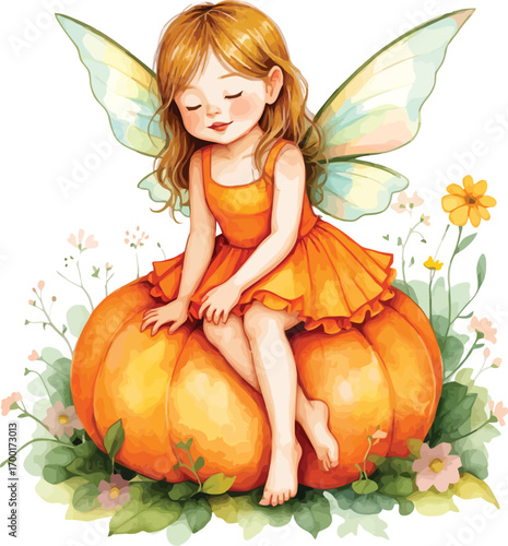 Cute fairy sitting on orange pumpkin autumn enchantment