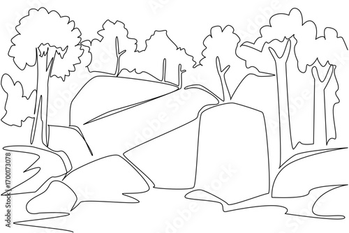 A continuous line drawing of caves and rocky formations with boulders, trees above, illustrating a nature concept linked to National Caves and Karst Day, designed in clean minimalist vector style.