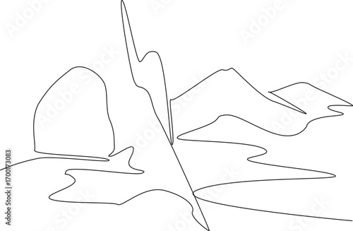 A continuous line drawing of a cave opening framing tall mountains and river path, representing a nature concept and the theme of National Caves and Karst Day with simple minimalist style.