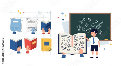 Illustrations of education and learning concept featuring books and student illustrations