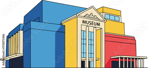 Modern Museum Building Illustration Featuring Geometric Shapes and Vibrant Color Blocks for Contemporary Architectural and Culture Projects
