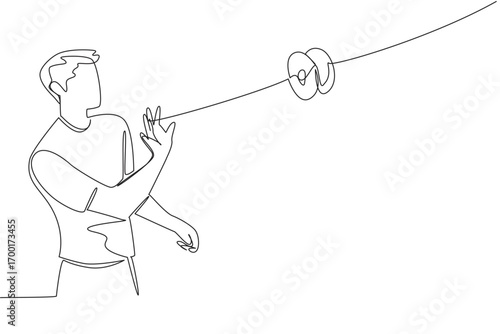A continuous line drawing of a young man making a horizontal yo-yo throw, emphasizing freestyle and precision. This illustration symbolizes motion and creativity on National Yo Yo Day.