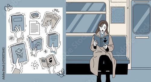 Illustrative artwork showcasing a woman reading on a train and various book illustrations