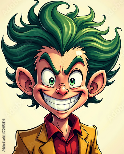 Whimsical cartoon character with wild green hair and a mischievous grin wearing a blazer