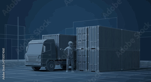 Conceptual Blueprint Illustration of Logistics with Truck, Worker, and Shipping Containers
