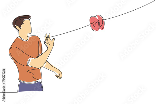 A continuous line drawing of a young man mastering advanced yo-yo tricks, representing precision, balance, and creativity in a cultural event concept for National Yo Yo Day.