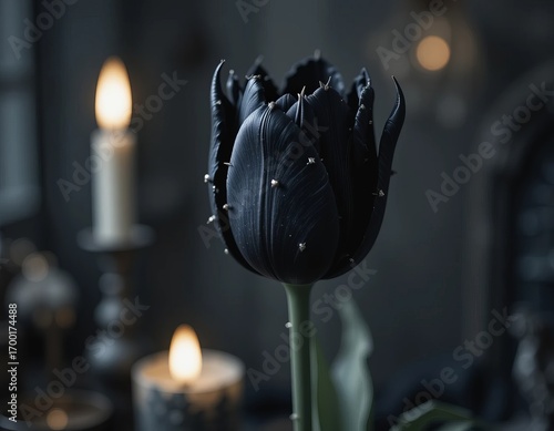 Mysterious dark tulip with glowing candles in moody atmospheric lighting