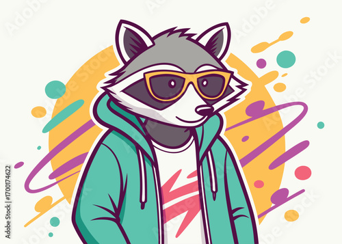 Cool Raccoon Character Wearing Sunglasses and Hoodie with Abstract Background animal