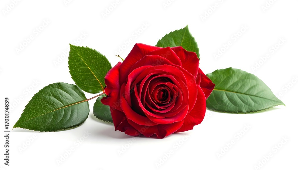 Naklejka premium A vivid crimson rose with lush green leaves lies gracefully against a pure white background.