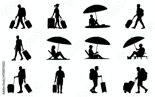 Vector art of silhouette of people on vacation with luggage