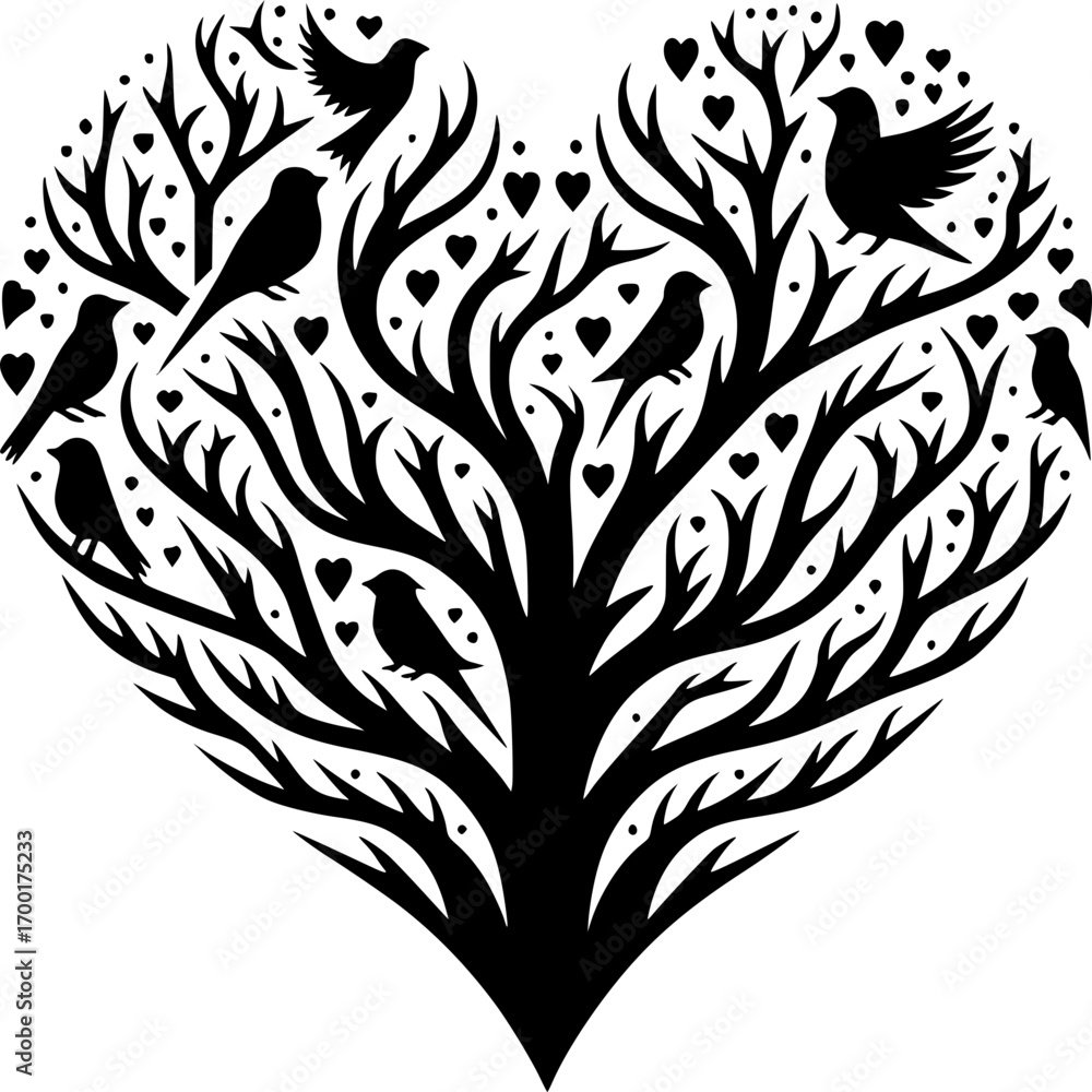 Obraz premium Love Tree: An elegant and artistic illustration, a tree of life formed in the shape of a heart, intertwined with birds, a visual expression of love, nature, and unity.