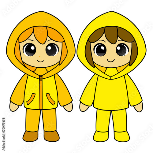 Adorable Cartoon Twins in Matching Yellow Rain Suits