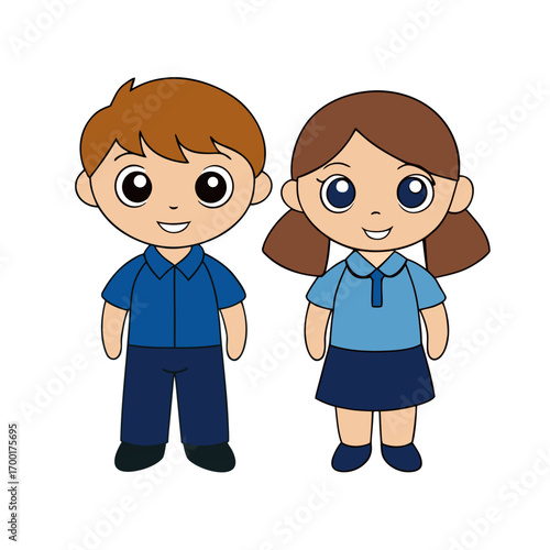Cute cartoon illustration of two children, a boy and a girl, smiling wearing matching blue uniforms
