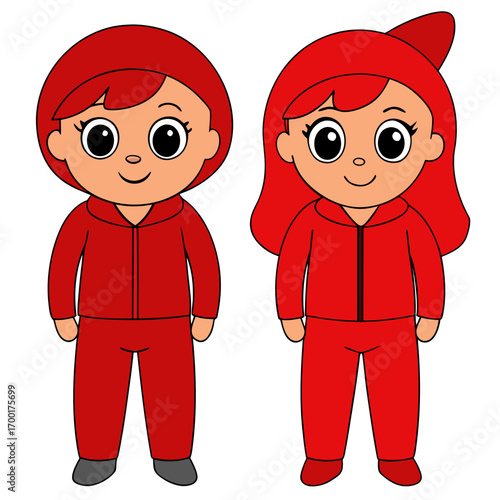Cute cartoon illustration of a boy and a girl with red hair wearing matching red tracksuits and standing together