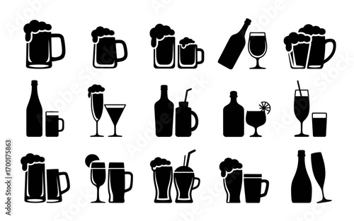 Vector art of black silhouettes of beer and cocktail glasses
