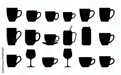 Vector art of collection of black silhouettes of cups and glasses