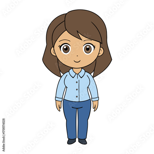 Charming Cartoon Woman in Casual Attire, Friendly Portrait Illustration