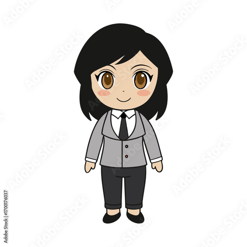 Cute anime chibi illustration of a professional businesswoman in a grey suit. Adorable cartoon character with big eyes for corporate or business projects